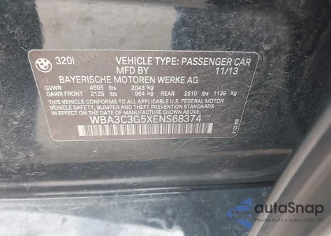 2014 BMW 320I xDrive из США, поврежденный, VIN WBA3C3G5XENS68374